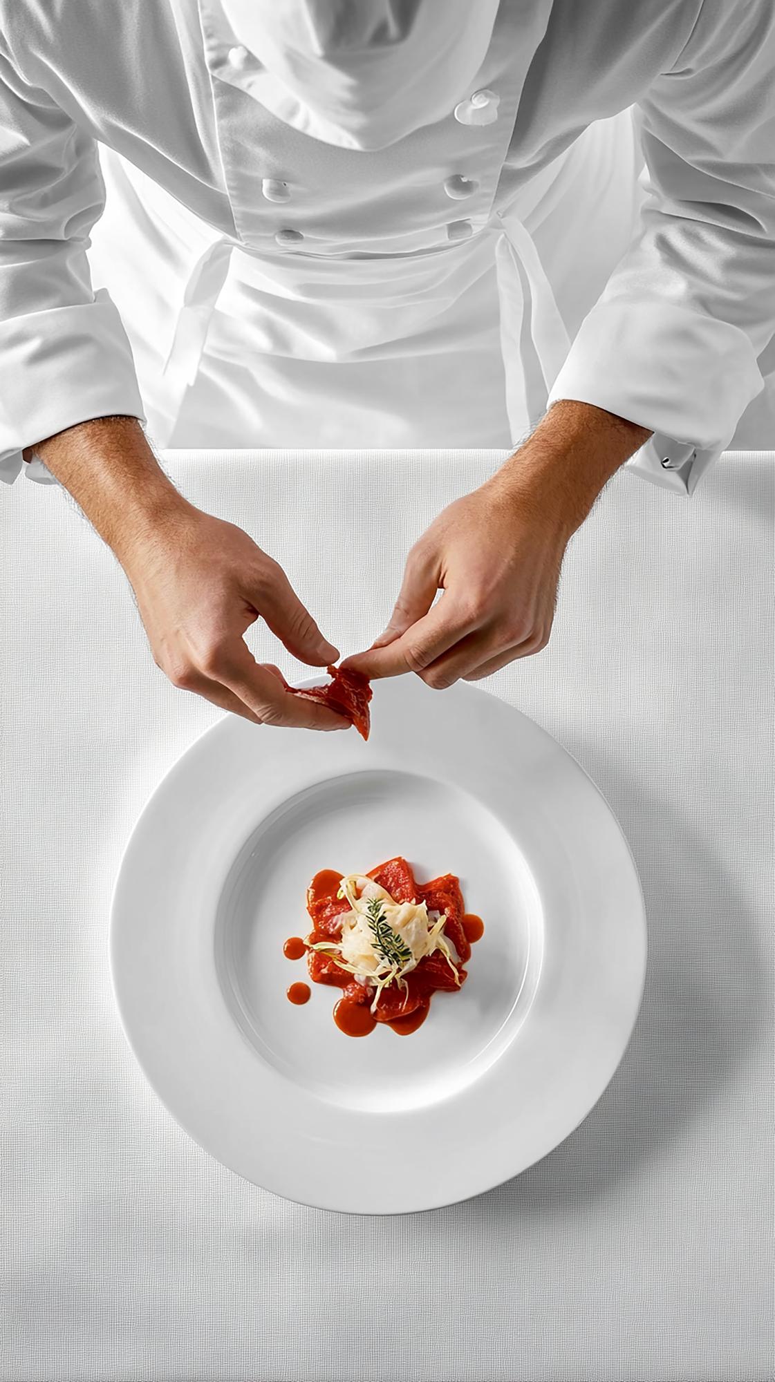 Large editorial photograph of chef at pass with plated dishes
