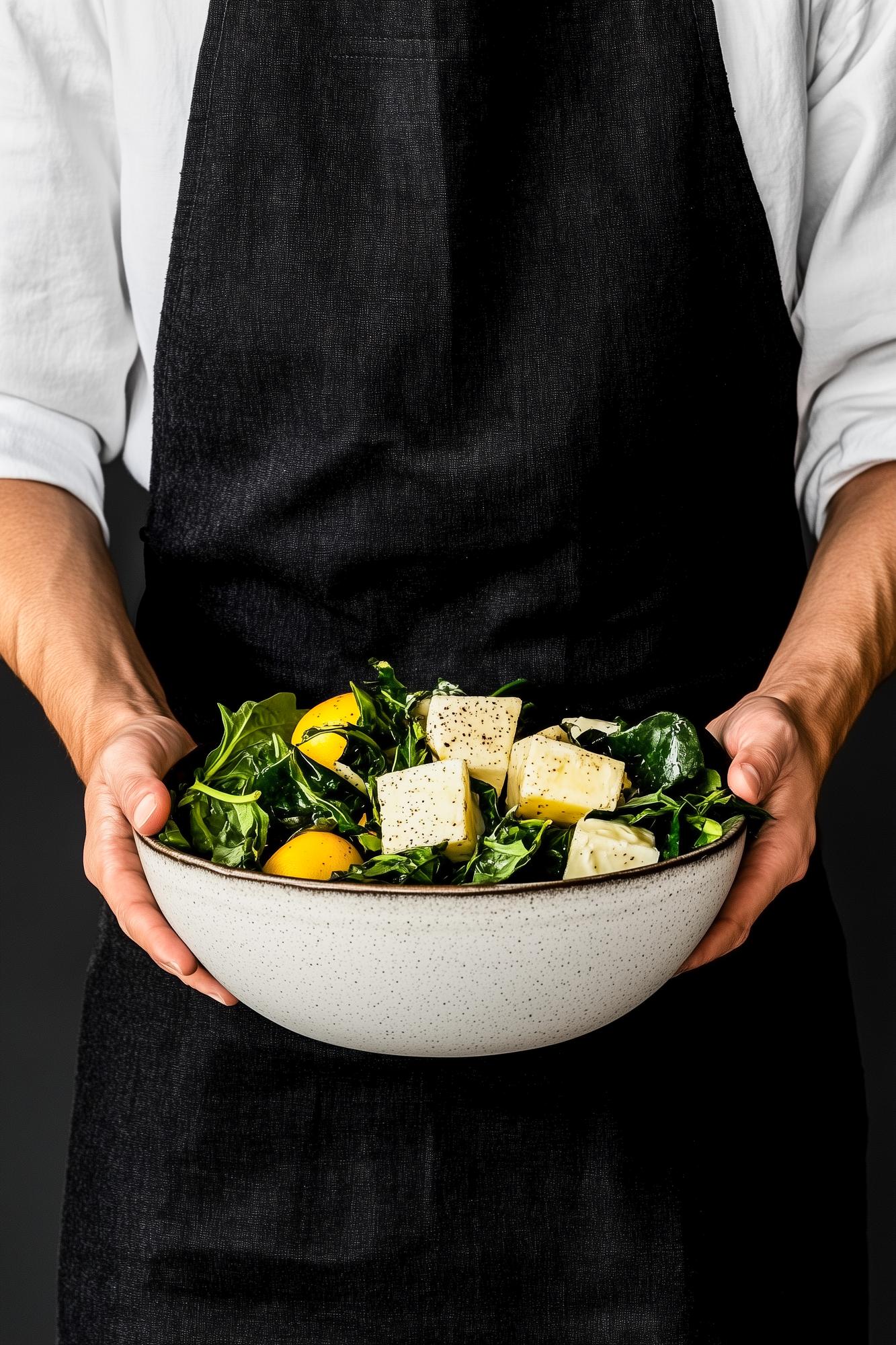 Chef plating a composed dish on a wooden table