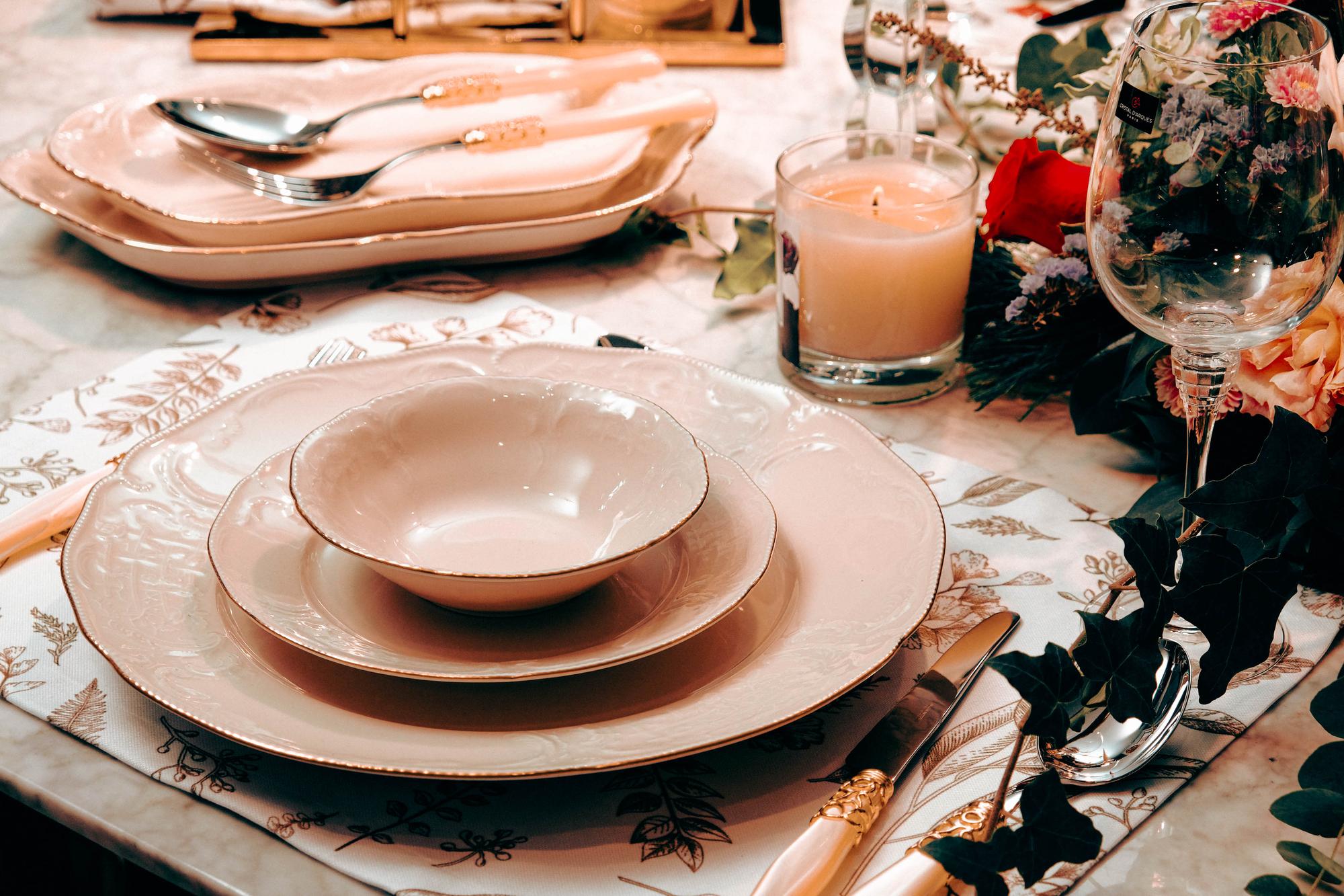 Table set with mismatched plates and simple buffet layout